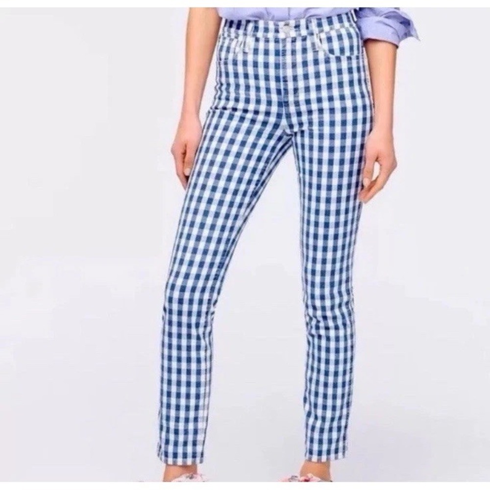 J.Crew Plaid Pants Blue White Gingham Vintage‎ Straight Pockets Cropped Ankle 32